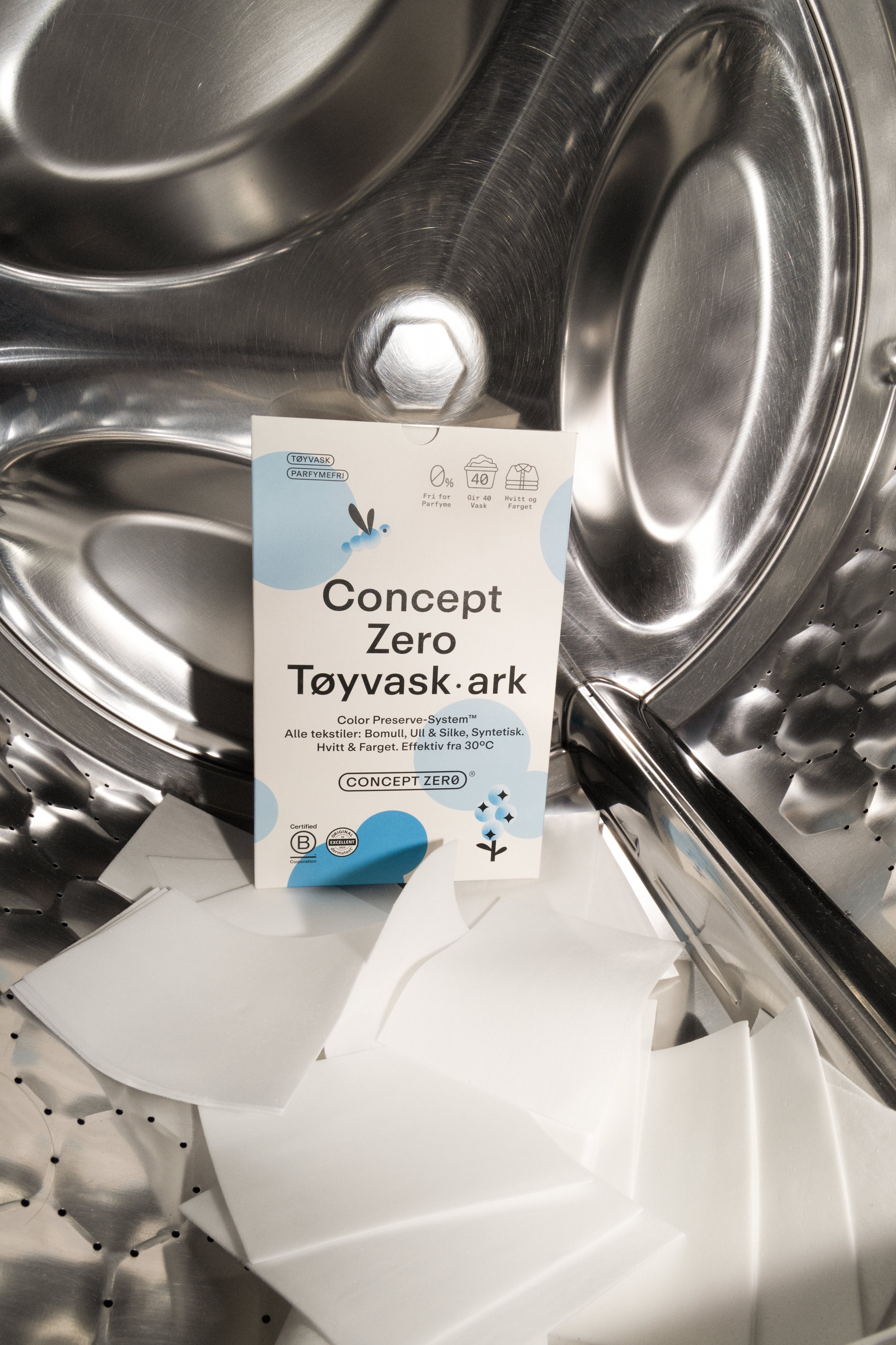 Concept Zero tøyvask-ark i vaskemaskin – plastfri klesvask klar til bruk